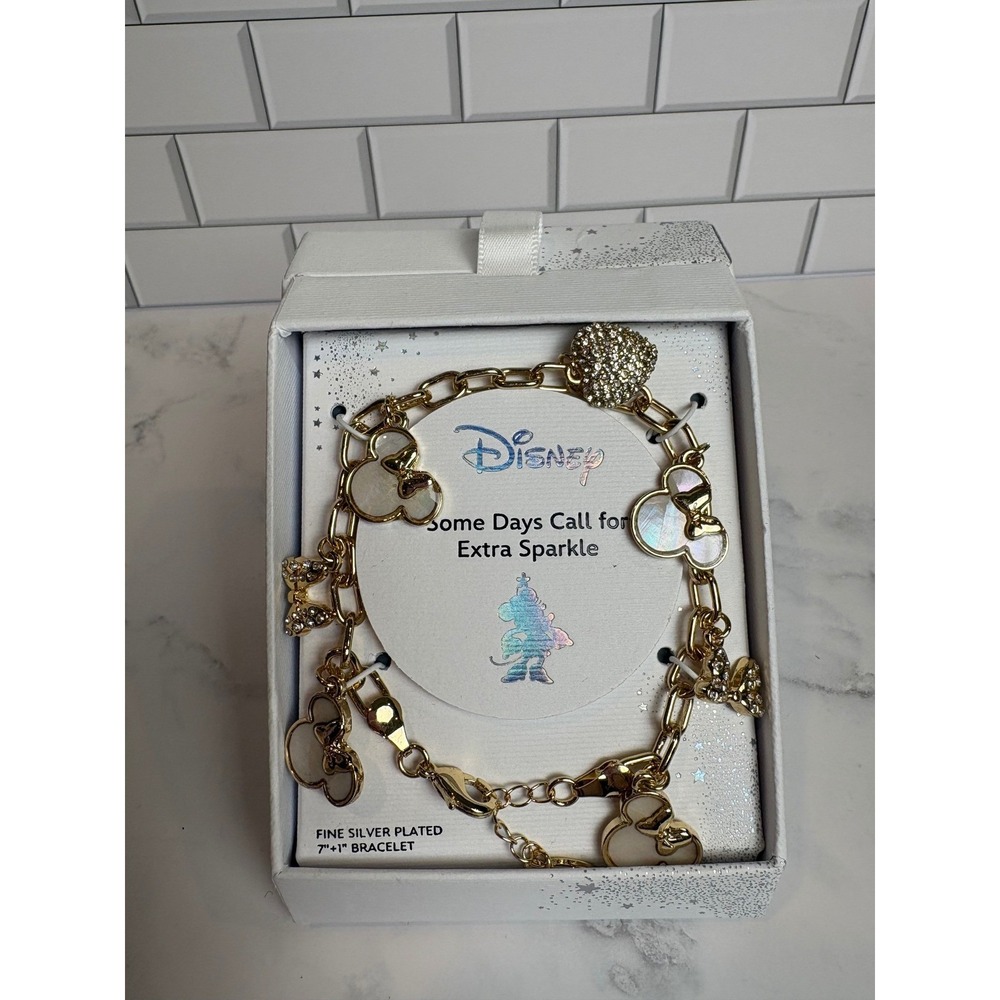 Disney Minnie Mouse Fine Silver Plated Charm Bracelet Gold Tone Heart Crystal